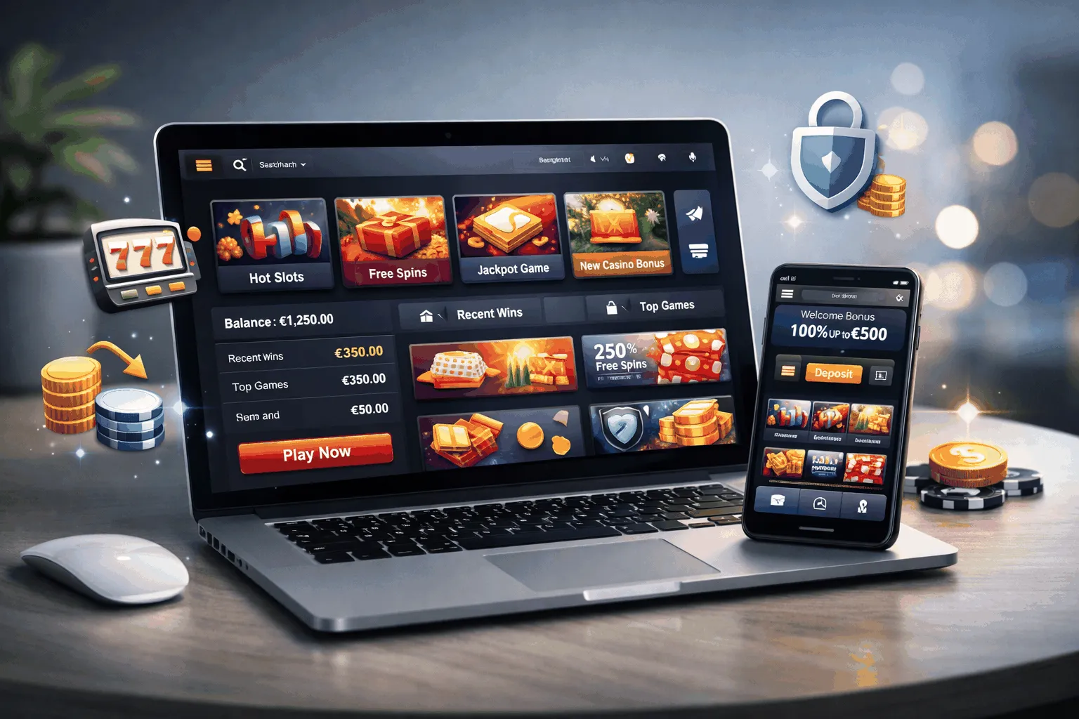 Digitale Online Casinos mit modernen Spielen und sicherer Technik Moderne Online Casino Oberfläche auf Laptop und Smartphone mit Spielen